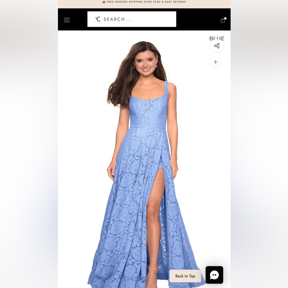 La Femme Light Blue Lace Prom Dress